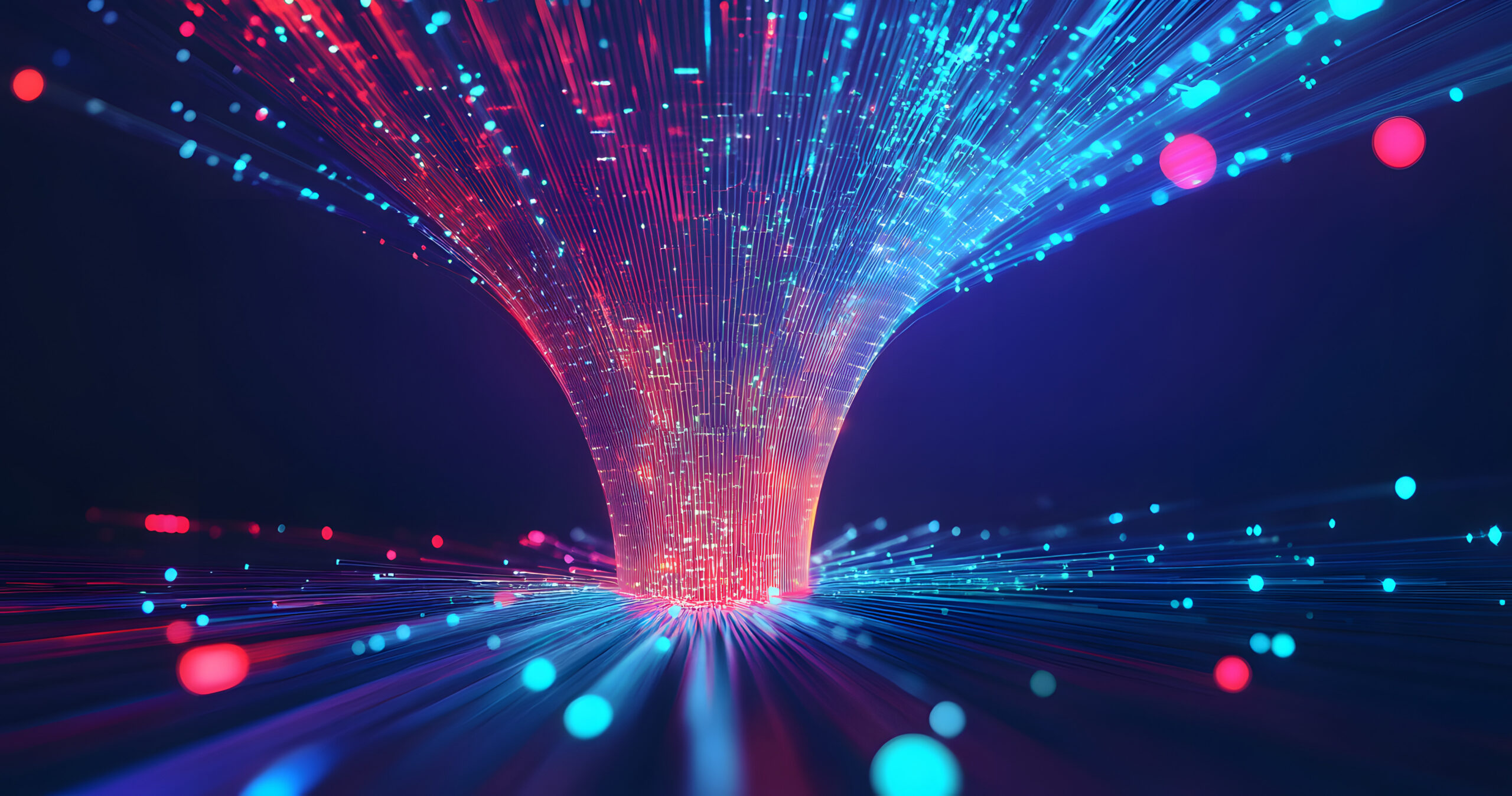 A vibrant 3D data funnel routing and filtering real-time event notifications for SAP operations.
