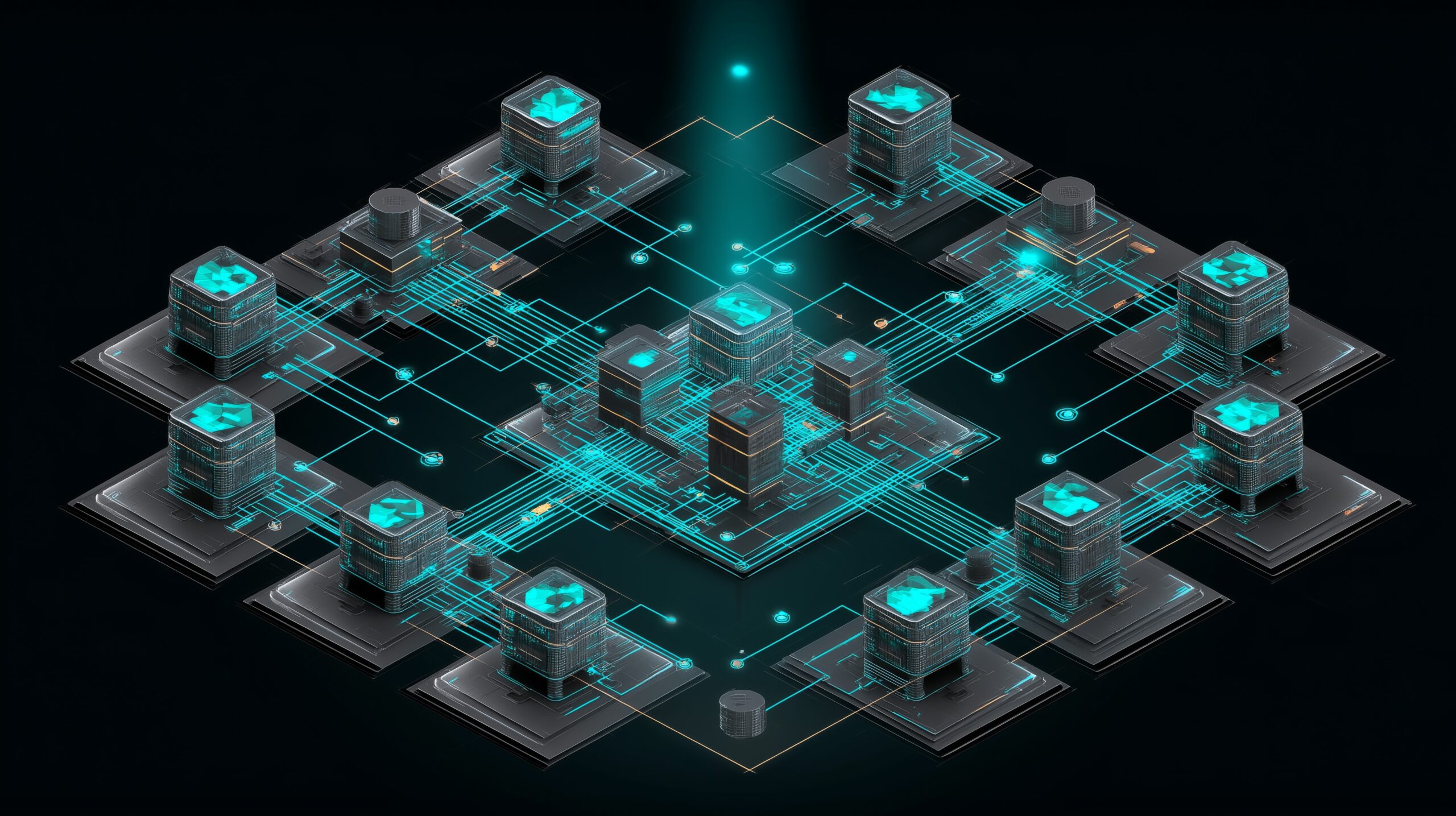 Isometric digital circuit map showing interconnected nodes for SAP SecOps and security compliance.