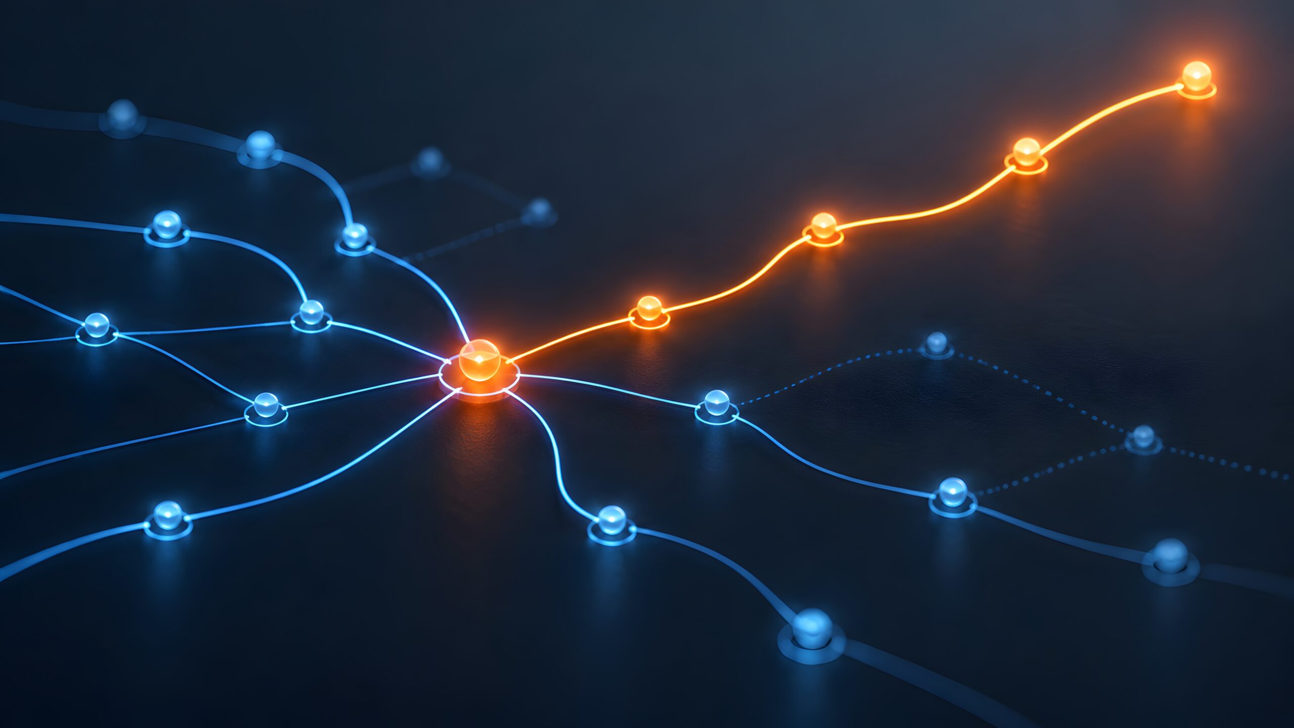 Illuminated digital network grid highlighting a primary glowing orange breakthrough path among blue connections SAP Security Patch and Vulnerability