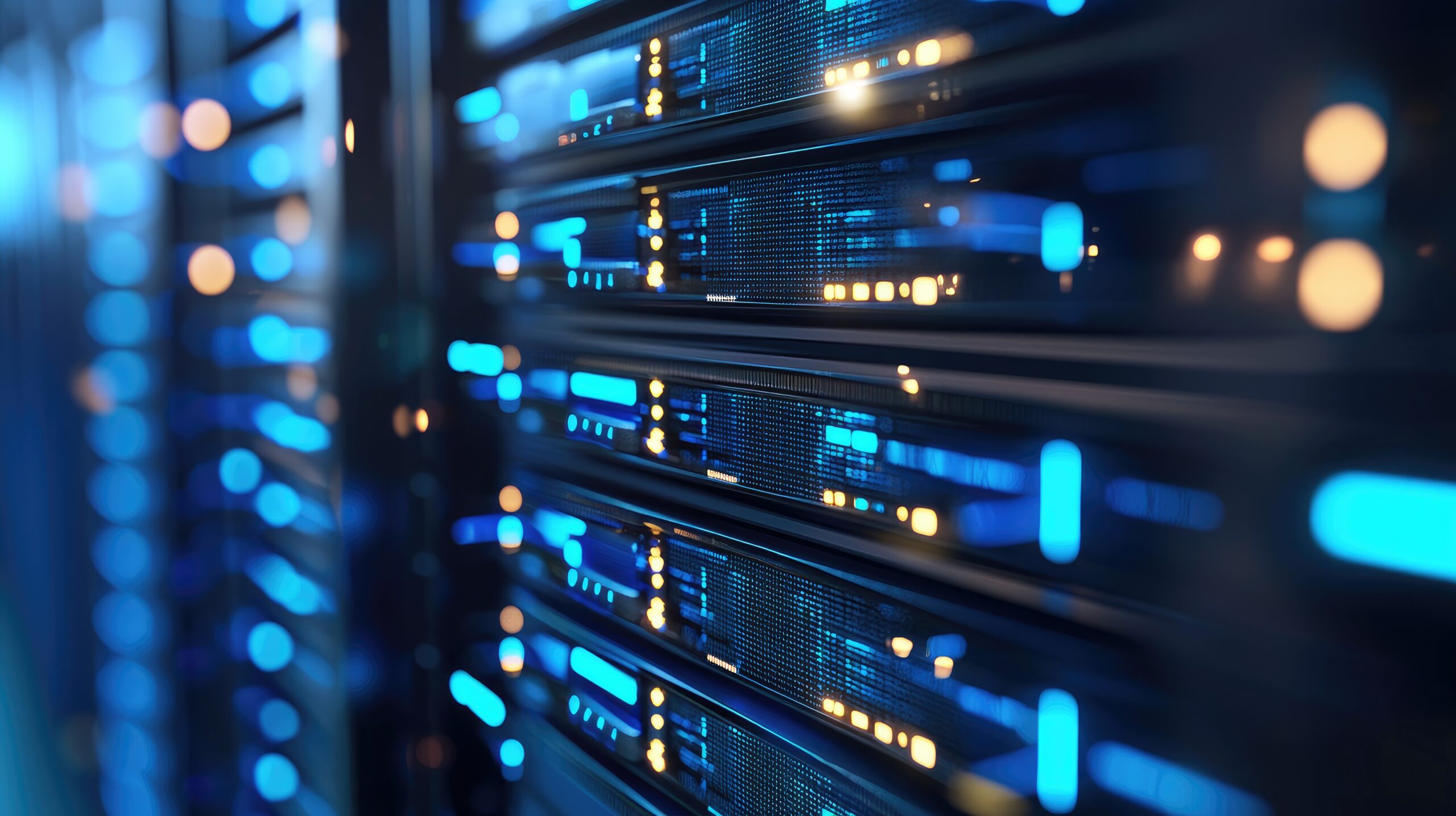 Close up of high-tech server racks with glowing blue lights representing SAP SysOps performance.