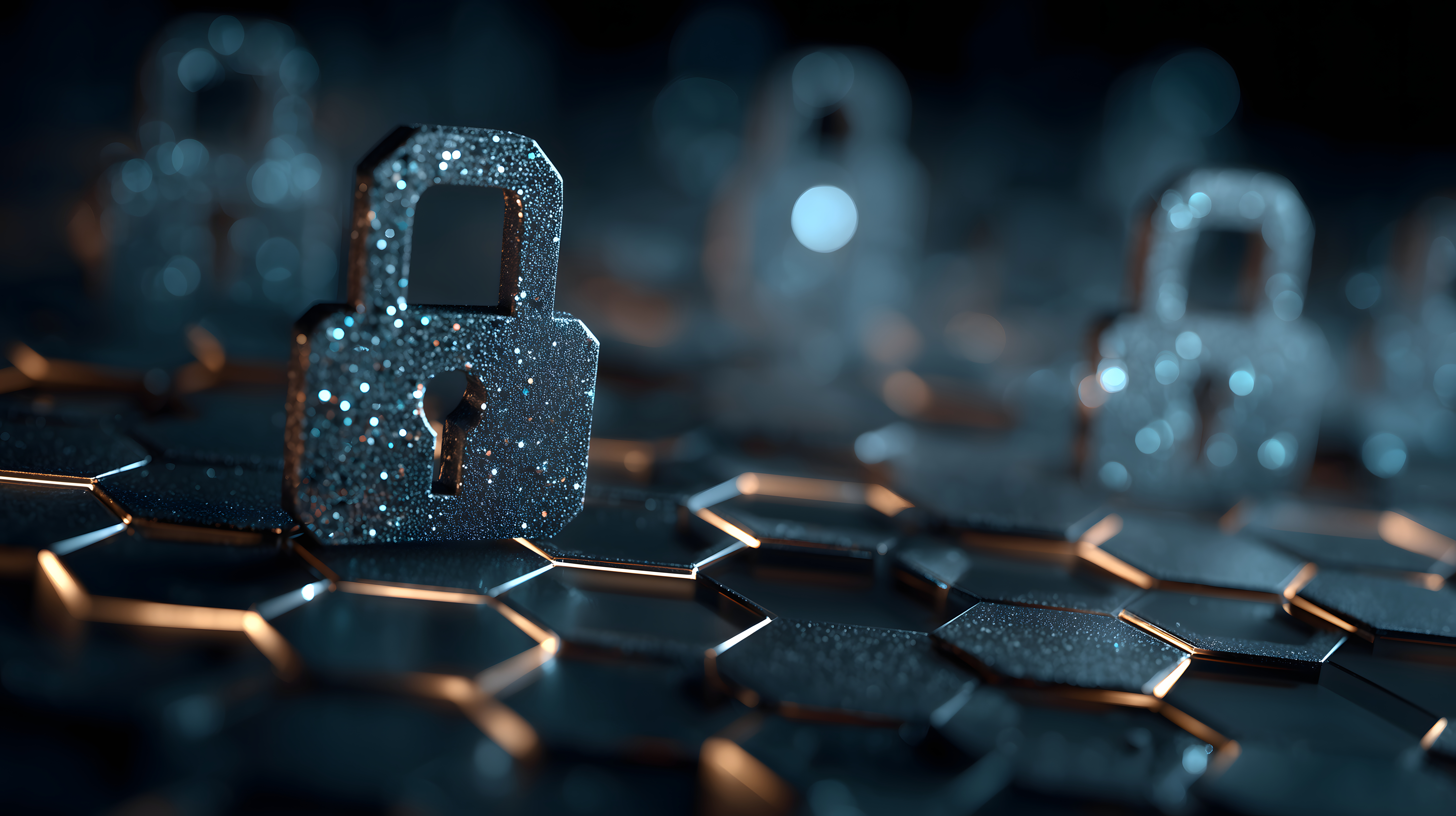 	Digital padlocks on a hexagonal grid representing Avantra's SAP security and compliance monitoring