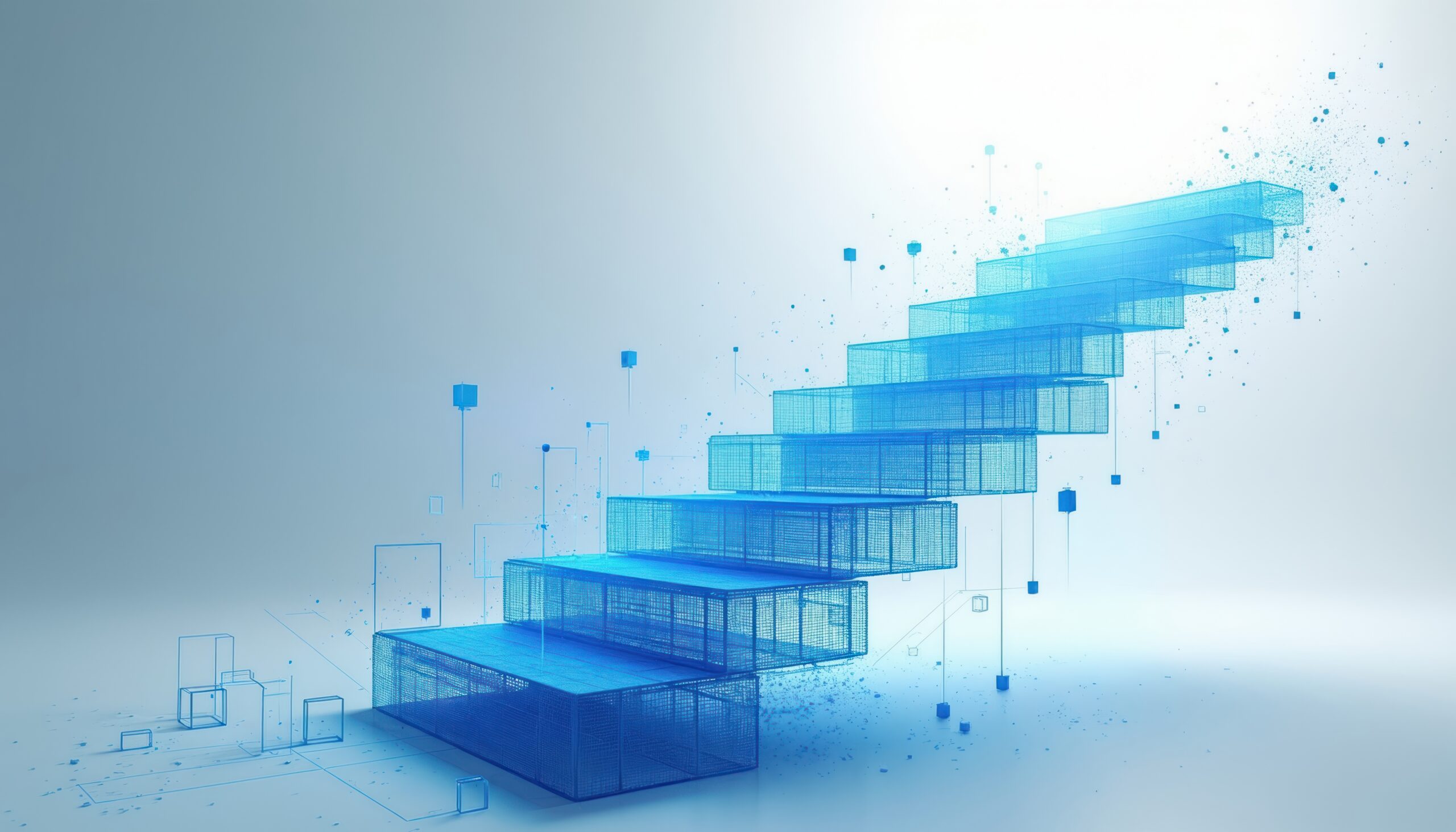 Digital 3D staircase wireframe representing the transition path from SAP Solution Manager to Cloud ALM.