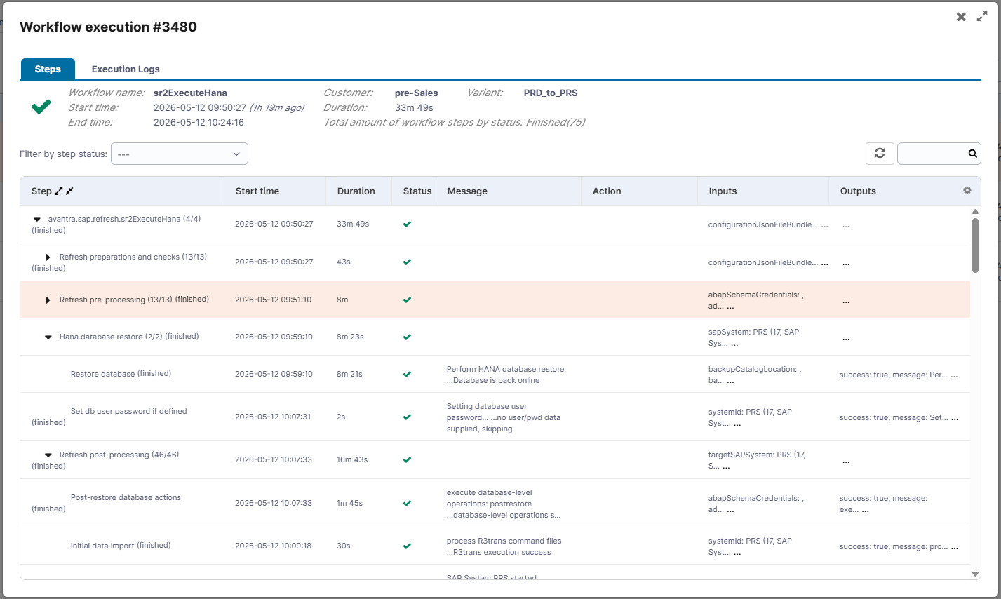 Avantra platform UI showing successful execution logs for an automated SAP system refresh workflow including HANA database restore steps.